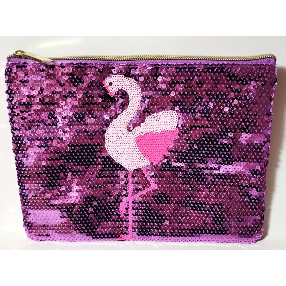 Tarte Pink Purple Sequined Pink Flamingo Makeup Cosmetic Toiletry Bag NEW